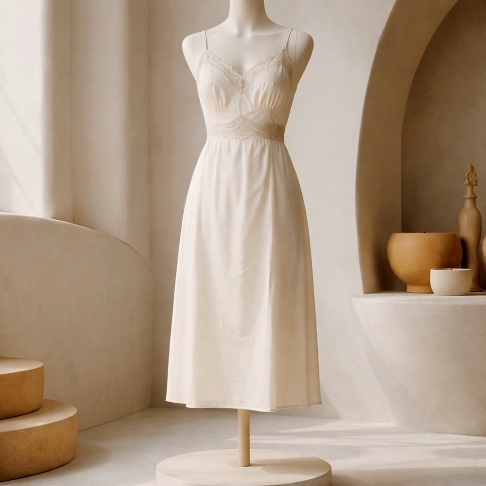 Vintage Cream Lace-Trim Midi Slip Dress